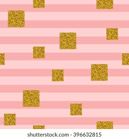 Seamless pattern with squares of golden glitter on striped background.