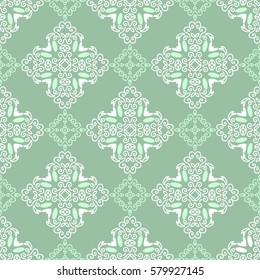 Seamless pattern with squares from green and white outlines on dark green background. Ornamental pattern from curve lines.