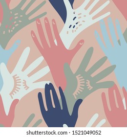 Seamless pattern with squares icon element with hands . Stylized print of a hand print. Can be used for printing on paper, stickers, badges, jewelry, cards, textiles.