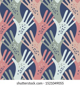 Seamless pattern with squares icon element with hands . Stylized print of a hand print. Can be used for printing on paper, stickers, badges, jewelry, cards, textiles.