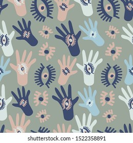 Seamless pattern with squares icon element with hands. Stylized print of a hand print. Can be used for printing on paper, stickers, badges, jewelry, cards, textiles.