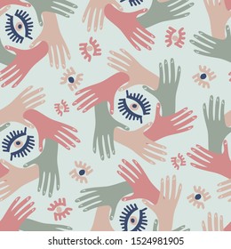 Seamless pattern with squares icon element with hands. Stylized print of a hand print. Can be used for printing on paper, stickers, badges, jewelry, cards, textiles.
