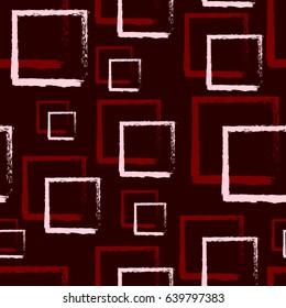 Seamless pattern squares pink and red on a Burgundy background done manually with a brush with ink. Vector