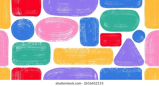 Seamless pattern squares rectangles triangle and circle. Hand drawn brush strokes. Seamless vector painted abstract shapes. Dirty grunge color design frames, borders or templates for text illustration