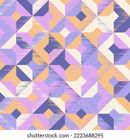 Seamless pattern of squares and rhombuses chaotically painted in blue grey, blue purple, mauve, cream and apricot colors. Fashionable abstract background for wallpaper, wrapping products, textiles Immagine vettoriale stock