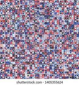 Seamless pattern. The squares and rings form an unusual camouflage pattern. Subdued colors.