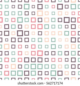 Seamless pattern of squares in shades of warm colors. White background.