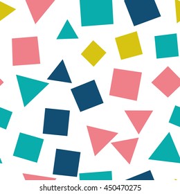 Seamless pattern with squares and triangles of fresh colors on a white background. Vector repeating texture.