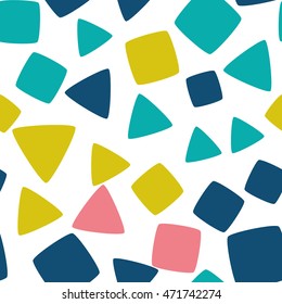 Seamless pattern with squares and triangles of fresh colors on a white background. Vector repeating texture.