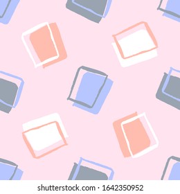 Seamless pattern with squares. Vector illustration on mauve background. Hand drawn abstract background. For web, scrapbooking, wrapping paper, printing on textile, clothes, package, notepads.