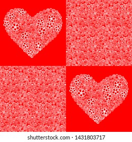 Seamless pattern with squares and white hearts on red background. Love doodle illustration. Hand draw design for Valentine's Day. Romantic wedding invitation. Art sketch.