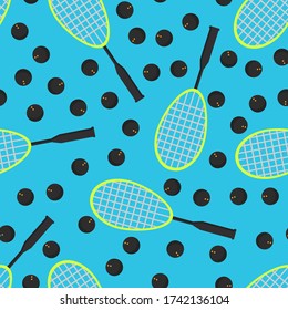 Seamless pattern of squash balls and rackets on a blue background. Summer sport vector print. Design for textile, wallpaper, sport equipment and banner. Sports, fitness, activity vector illustration.