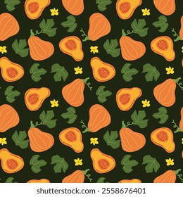 Seamless pattern of squash and leaves on dark background.