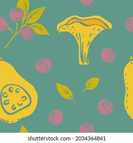 Seamless pattern with squash, mushrooms and blueberries. Colorful paper cut fall harvest collection isolated on blue background. Doodle hand drawn vector illustration.