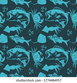 Seamless pattern with squid, bass fish, stingray and king crab. 