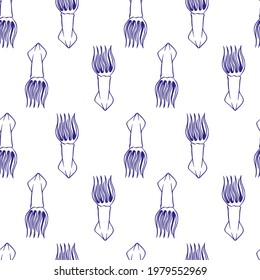 Seamless pattern with squid. Blue hand drawn vector illustration on white background. Wrapping paper, textile or fabric design.