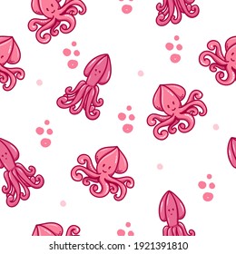 Seamless pattern squid cartoon isolated on white background. Vector illustration.