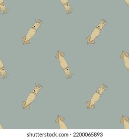 Seamless pattern with squid. A flat hand drawn vector illustration. For printing on menus, fish restaurants, packaging. Sea food.