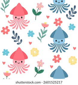 Seamless pattern of squid and flowers in a cute vintage style.
