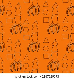 Seamless pattern with squid and geometric shapes. The background is a kalmar game. A set of triangle, square, circle and squid.