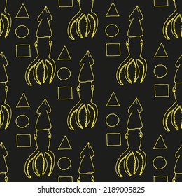 Seamless pattern with squid and geometric shapes. The background is a kalmar game. A set of triangle, square, circle and squid.