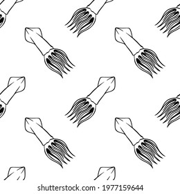 Seamless pattern with squid. Hand drawn vector illustration on white background. Wrapping paper, textile or fabric design.