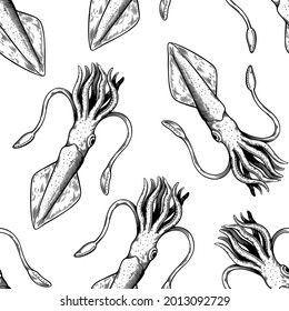 Seamless pattern with squid mollusks. Illustration in vintage line art style.