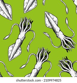 Seamless pattern with squid mollusks. Illustration in vintage line art style.