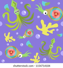 Seamless pattern with squid, nautilus and coral on blue background