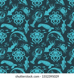 Seamless pattern with squid, octopus, salmon fish, sea turtle and king crab. 
