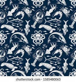Seamless pattern with squid, octopus, salmon fish, sea turtle, shrimp, lobster, tuna fish and king crab. 