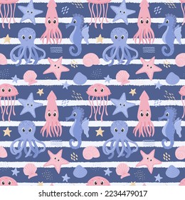 Seamless pattern with squid, octopus, seahorse and jellyfish. Cute ocean characters in underwater world. Marine animals and shells. Cartoon vector illustrations on a dark blue background with stripes