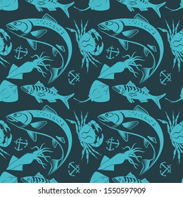 Seamless pattern with squid, salmon fish, stingray and king crab. 