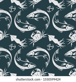 Seamless pattern with squid, salmon fish and king crab.