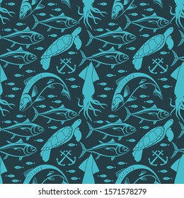 Seamless pattern with squid, salmon fish, tuna fish and sea turtle.