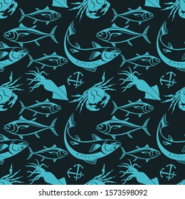 Seamless pattern with squid, salmon fish, tuna fish and king crab. 