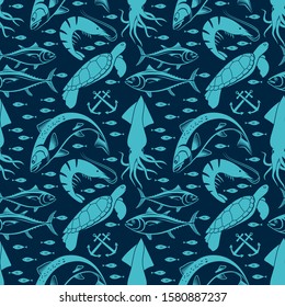 Seamless pattern with squid, salmon fish, sea turtle, shrimp, and tuna fish. Vector illustration. 