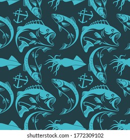 Seamless pattern with squid, salmon fish and bass fish. Vector illustration.