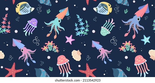 Seamless pattern with squids, 
jellyfish, shells, corals and fishes. Oceanic underwater background. 