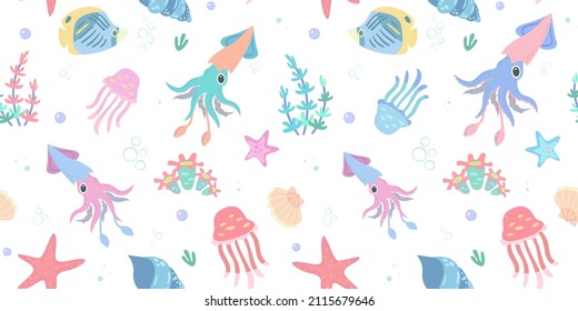 Seamless pattern with squids, 
jellyfish, shells, corals and fishes. Oceanic underwater background.