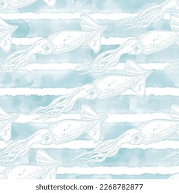 Seamless pattern with squids on blue watercolor background.  Hand drawn vector illustration. Perfect for wallpaper, wrapping, fabric and textile. Monochrome.