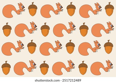 Seamless pattern with squirrel and acorn. Fall wallpaper template design. Vector autumn ornament for children's room. EPS 10