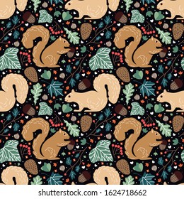 seamless pattern squirrel with autumn leaves and canary doodle style