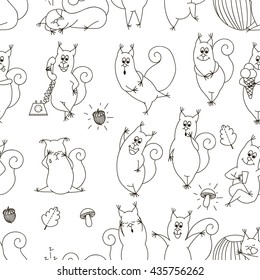 Seamless pattern with squirrel. Background for fabric, scrapbooking, greeting cards in hipster style. Hand drawing.