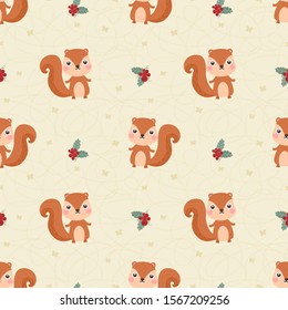 Seamless pattern squirrel and berry.