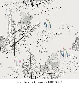 Seamless pattern with squirrel, chipmunk, badger, trees, shrubs, foliage, animals on light background. Background for fabric, scrapbooking, greeting cards, gifts in hipster style. Hand drawing. 
