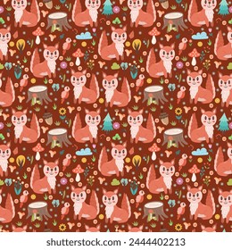 Seamless pattern with squirrel, forest elements - trees, flowers and on a dark background. Vector illustration, background color can be changed