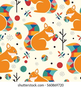 Seamless Pattern With Squirrel In A Geometric Style