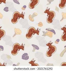 seamless pattern with squirrel and mushrooms, vector design for paper, fabric and other surface