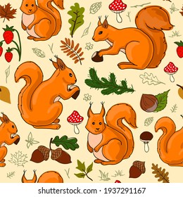 seamless pattern squirrel nuts leaves